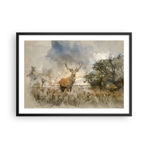 Plakat w czarnej ramie - Jeleń w naturalnym otoczeniu w akwarelowym stylu - 70x50cm - Godność - siła - dostojeństwo - Nowoczesna dekoracja ścienna do salonu i sypialni ARTTOR