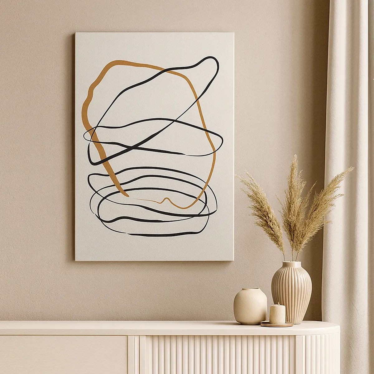 Obraz na płótnie - Minimalistyczna abstrakcja z dynamicznymi liniami w czerni i brązie - 50x70cm - Kompozycja – taniec opętaniec - Nowoczesna dekoracja ścienna do salonu, kuchni i sypialni ARTTOR