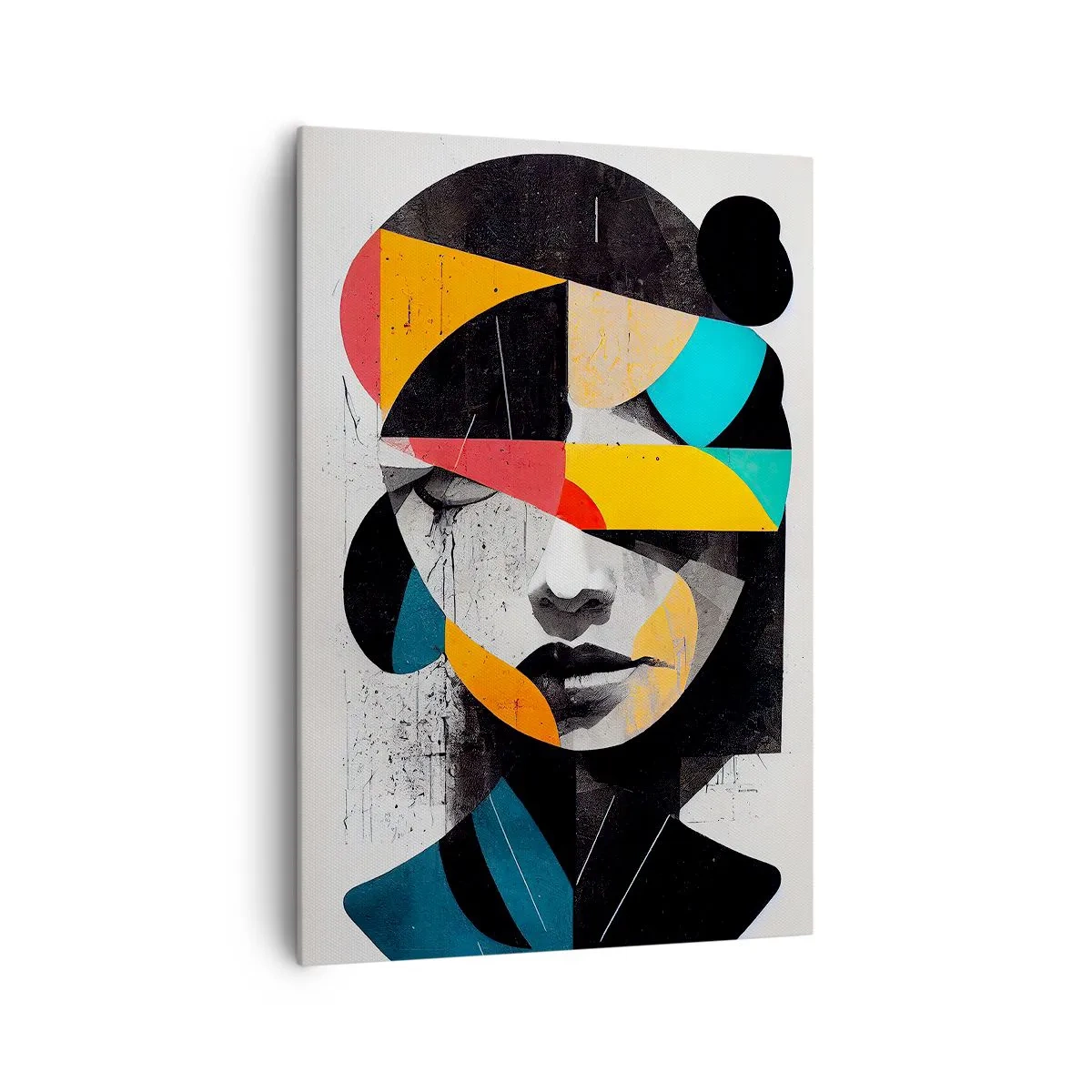 Obraz na płótnie - Abstrakcyjny portret kobiety w geometrycznych kolorowych kształtach - 70x100cm - Portret wewnętrzny wielobarwny - Nowoczesna dekoracja ścienna do salonu i sypialni ARTTOR