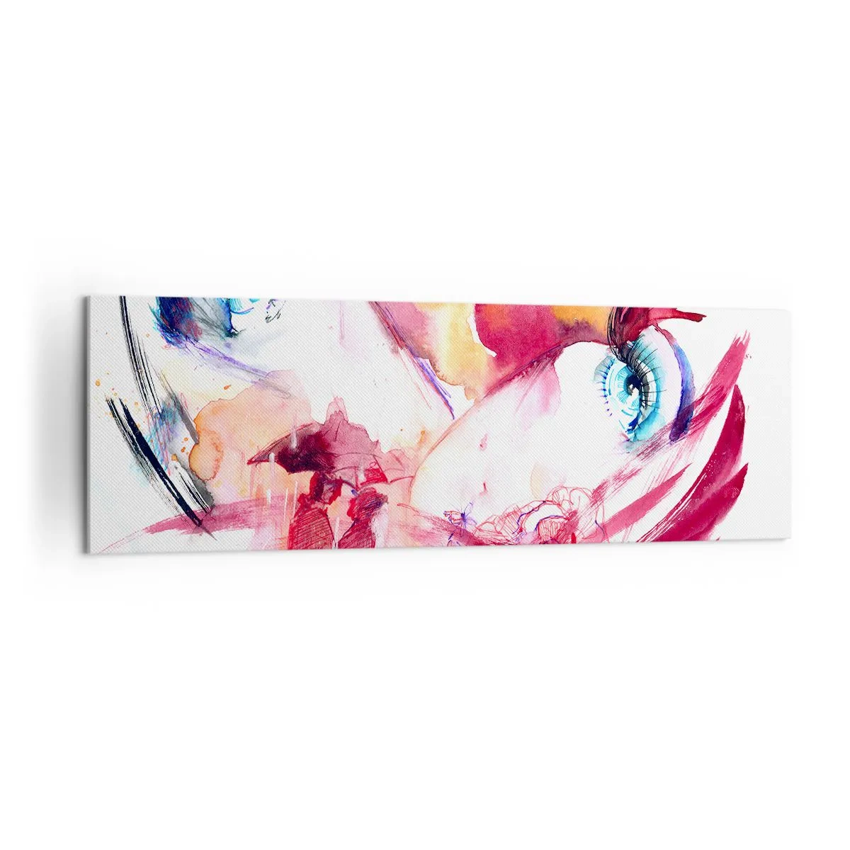 Obraz na płótnie - Abstrakcyjna twarz z wyrazistymi oczami i akcentami w czerwieni - 160x50cm - W bliskości świat rozkwita - Nowoczesna dekoracja ścienna do salonu i sypialni ARTTOR