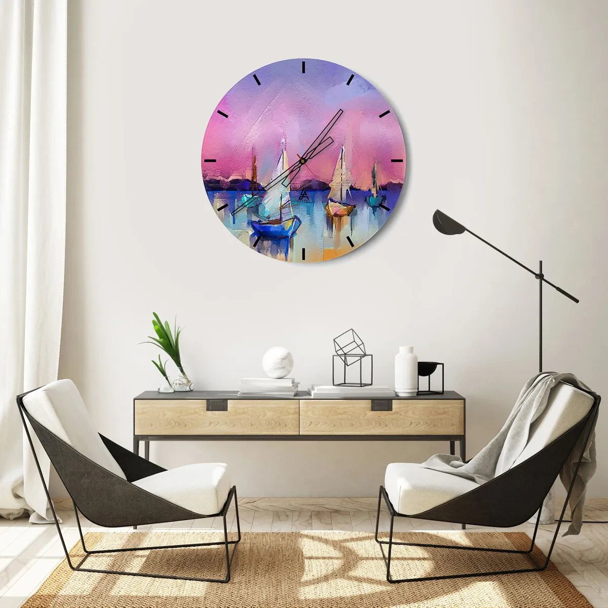 Zegar ścienny - Abstrakcyjna marina z żaglówkami w pastelowych kolorach - 30x30cm - Kierunek: szerokie wody - Nowoczesna dekoracja ścienna do salonu, kuchni i sypialni ARTTOR