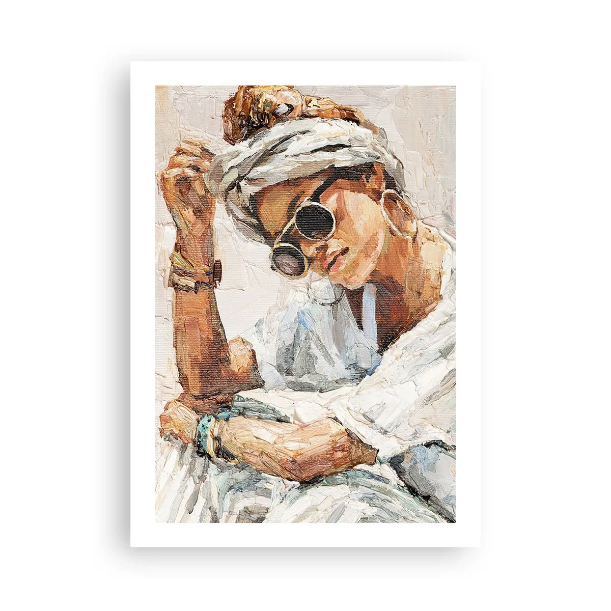 Plakat - Portret kobiety w okularach i turbanie w stylu impresjonistycznym - 50x70cm - Portret w pełnym słońcu - Nowoczesna dekoracja ścienna do salonu, kuchni i sypialni ARTTOR