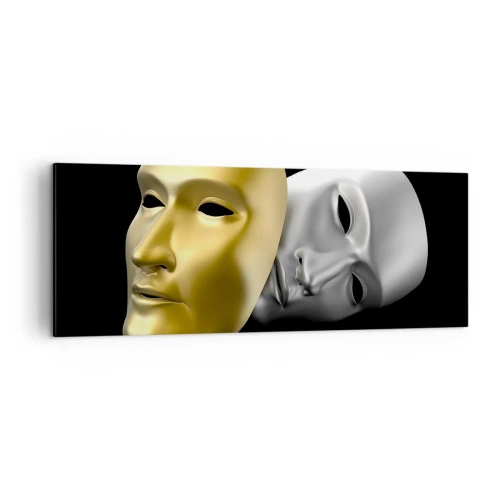 Obraz na płótnie - Złota i srebrna maska na czarnym tle - 140x50cm - Życie to jest teatr - Nowoczesna dekoracja ścienna do salonu i sypialni ARTTOR