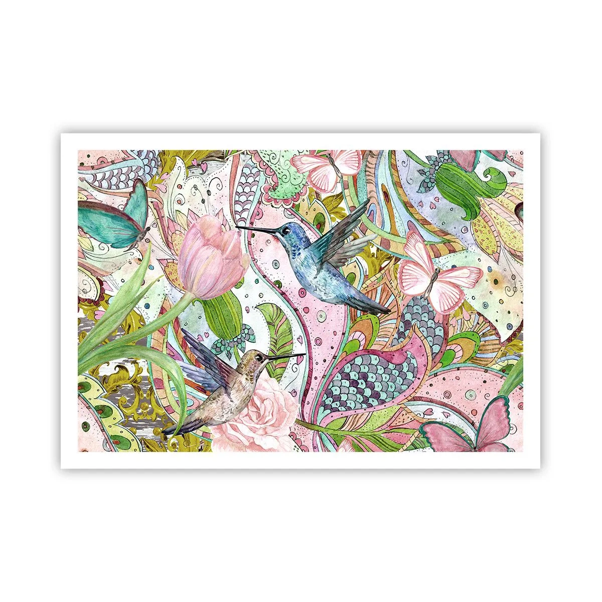 Plakat - Kolorowe kolibry i motyle wśród roślin - 100x70cm - Wplątane w pnączach - Nowoczesna dekoracja ścienna do salonu i sypialni ARTTOR