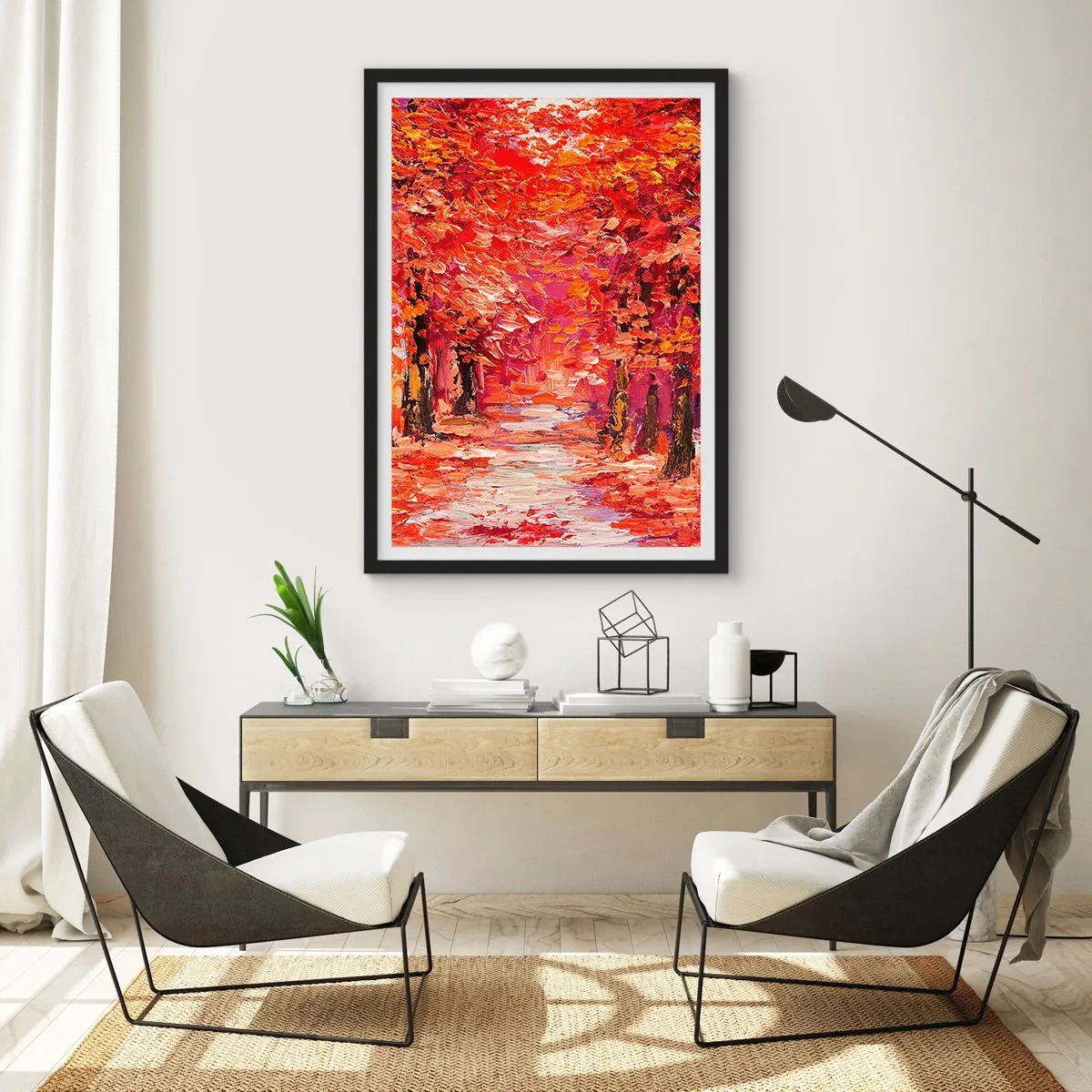 Plakat w czarnej ramie - Malownicza jesienna aleja w czerwonych odcieniach - 50x70cm - Jesienna impresja - Nowoczesna dekoracja ścienna do salonu i sypialni ARTTOR