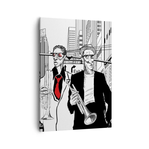 Obraz na płótnie - Ilustracja muzyków z trąbkami w miejskim tle - 50x70cm - Miejska rapsodia w czerni i czerwieni - Nowoczesna dekoracja ścienna do salonu, kuchni i sypialni ARTTOR
