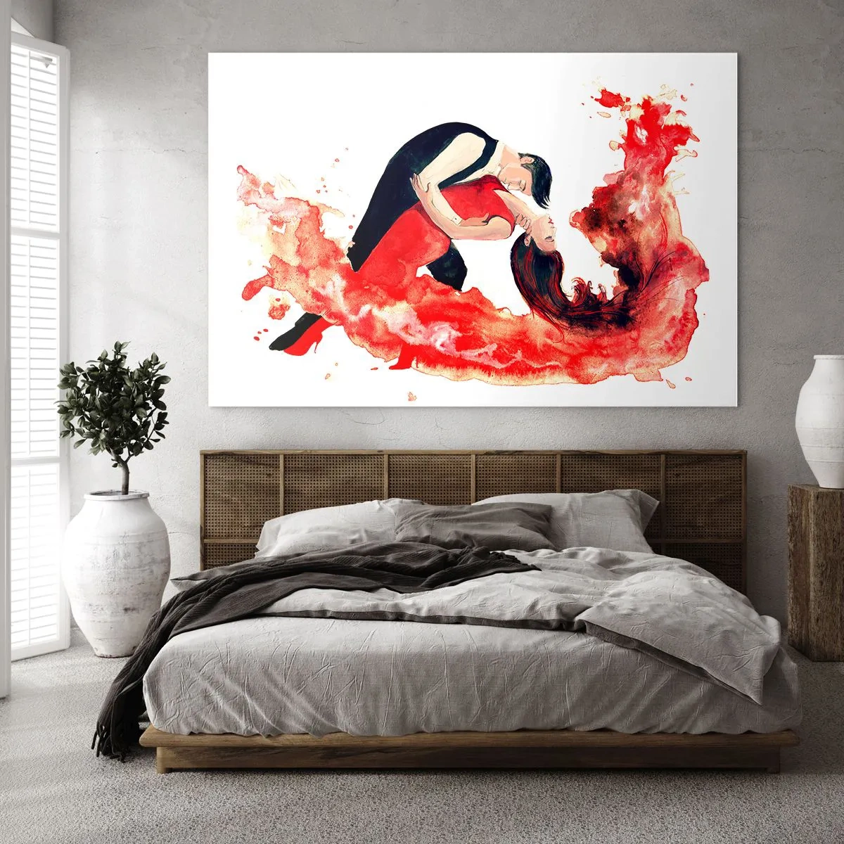 Obraz na szkle - Para w tańcu w dynamicznej, czerwonej kompozycji akwareli - 70x50cm - Tango - zmysłowa fala - Nowoczesna dekoracja ścienna do salonu i sypialni ARTTOR