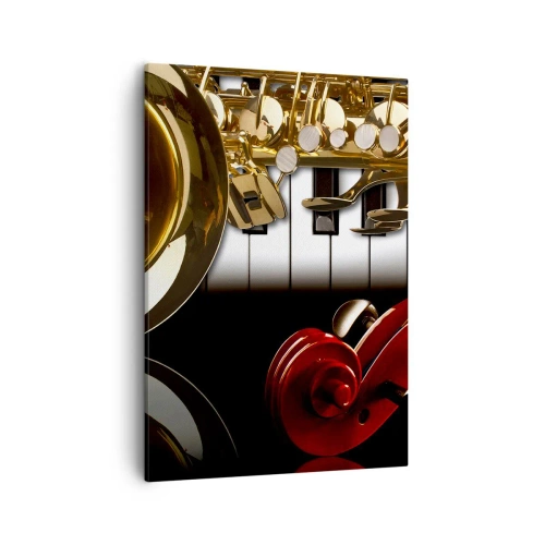 Obraz na płótnie - Muzyczne instrumenty w eleganckiej kompozycji - 50x70cm - Blacha, drewno i kość słoniowa - Nowoczesna dekoracja ścienna do salonu, kuchni i sypialni ARTTOR