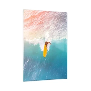 Obraz na szkle - Surfer na fali w pastelowych kolorach - 80x120cm - Oceaniczny jeździec - Nowoczesna dekoracja ścienna do salonu i sypialni ARTTOR