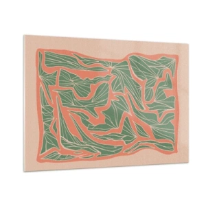 Obraz na szkle - Zielone liściaste formy otoczone koralową ramą na beżowym tle - 100x70cm - Zmagania koralu i zieleni - Nowoczesna dekoracja ścienna do salonu, kuchni i sypialni ARTTOR