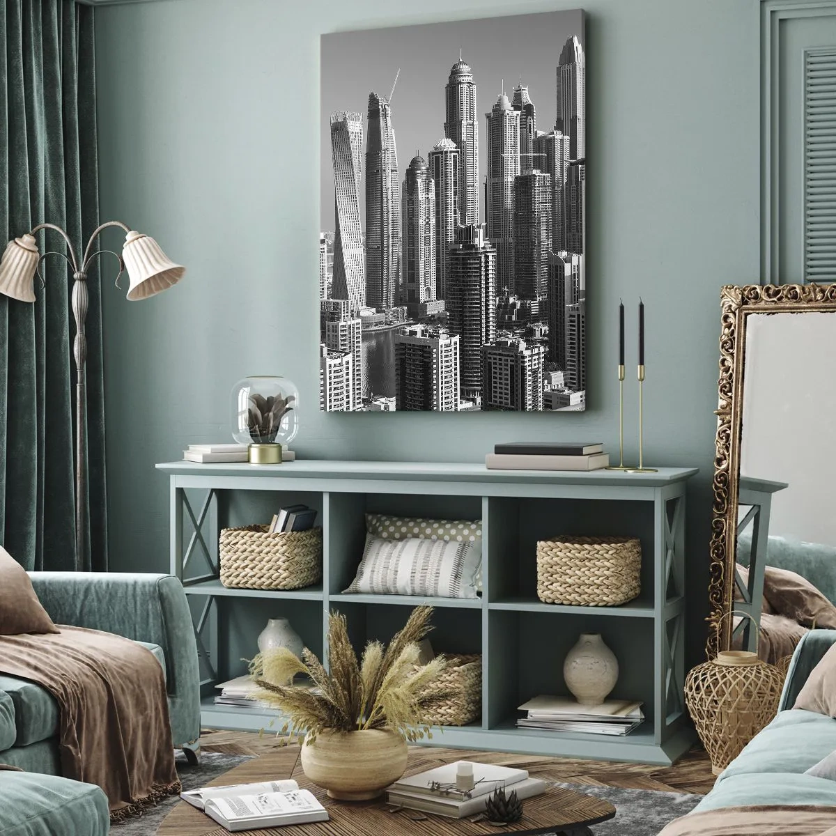 Obraz na płótnie - Panorama nowoczesnych wieżowców w monochromatycznej tonacji - 70x100cm - Miasto nad pustynią - Nowoczesna dekoracja ścienna do salonu i sypialni ARTTOR