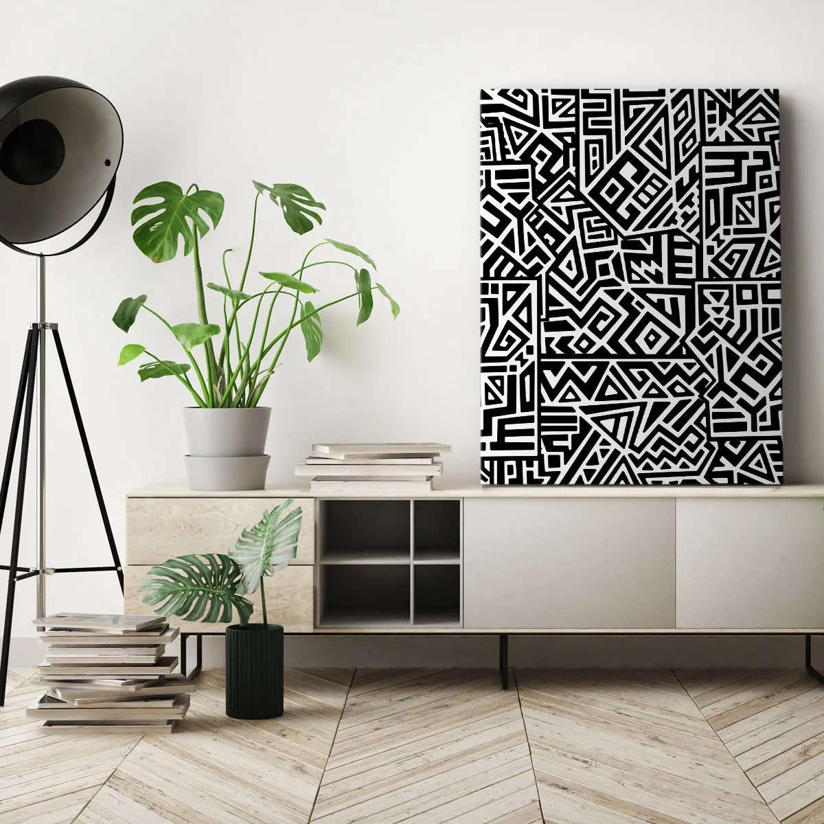Obraz na płótnie - Czarno-biały wzór geometryczny inspirowany motywami prekolumbijskimi - 50x70cm - Kompozycja prekolumbijska - Nowoczesna dekoracja ścienna do salonu, kuchni i sypialni ARTTOR