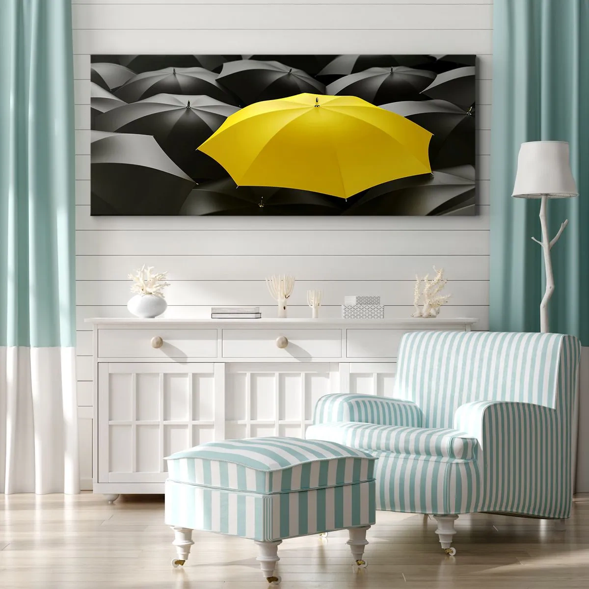 Obraz na płótnie - Żółty parasol wśród czarnych parasoli - 140x50cm - Żegnaj smutku - Nowoczesna dekoracja ścienna do salonu i sypialni ARTTOR