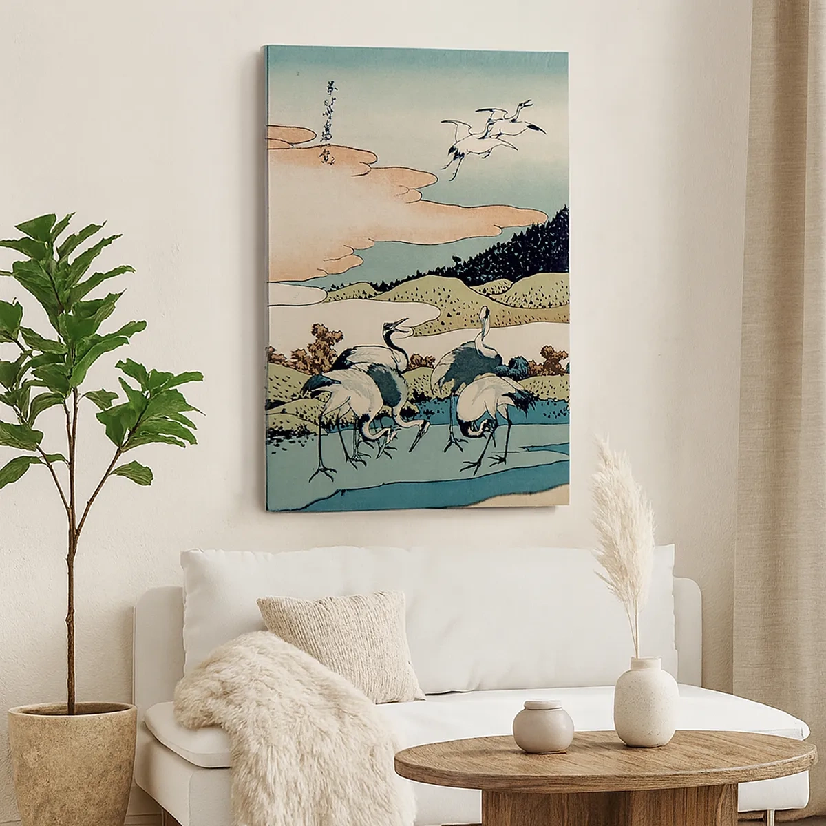 Obraz na płótnie - Tradycyjna japońska grafika z żurawiami nad wodą - 50x70cm - W japońskim duchu - Nowoczesna dekoracja ścienna do salonu, kuchni i sypialni ARTTOR