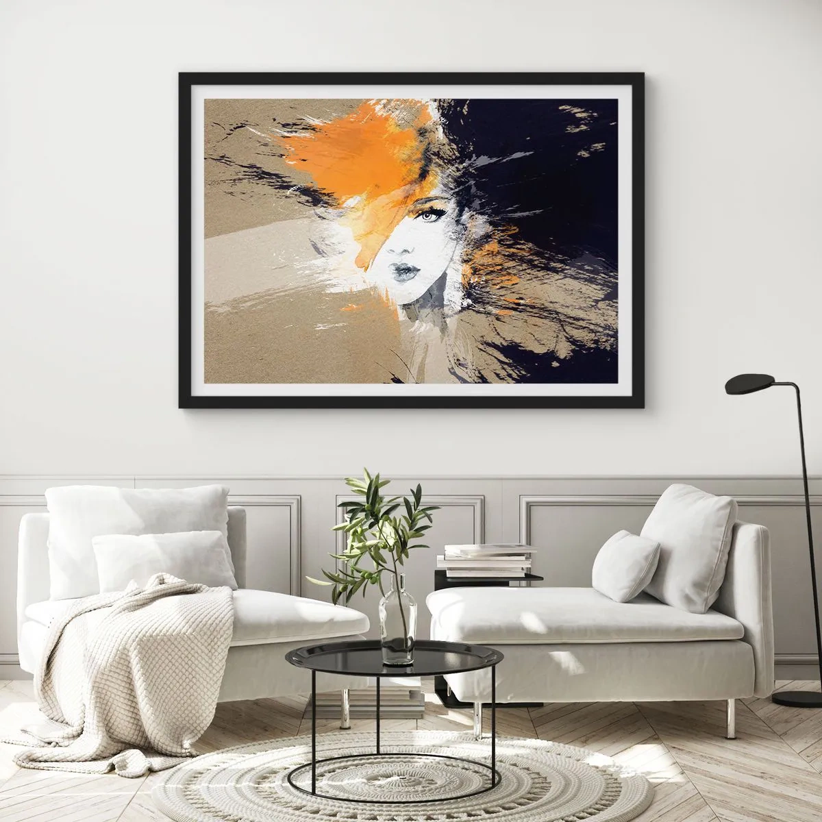 Plakat w czarnej ramie - Abstrakcyjny portret kobiety z intensywnymi kolorami - 70x50cm - I staje się światło - Nowoczesna dekoracja ścienna do salonu i sypialni ARTTOR