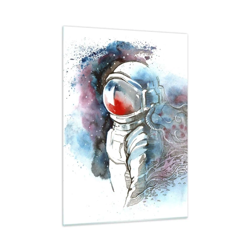 Obraz na szkle - Astronauta w dynamicznej akwarelowej scenerii kosmicznej - 50x70cm - Sam na sam z kosmosem - Nowoczesna dekoracja ścienna do salonu, kuchni i sypialni ARTTOR