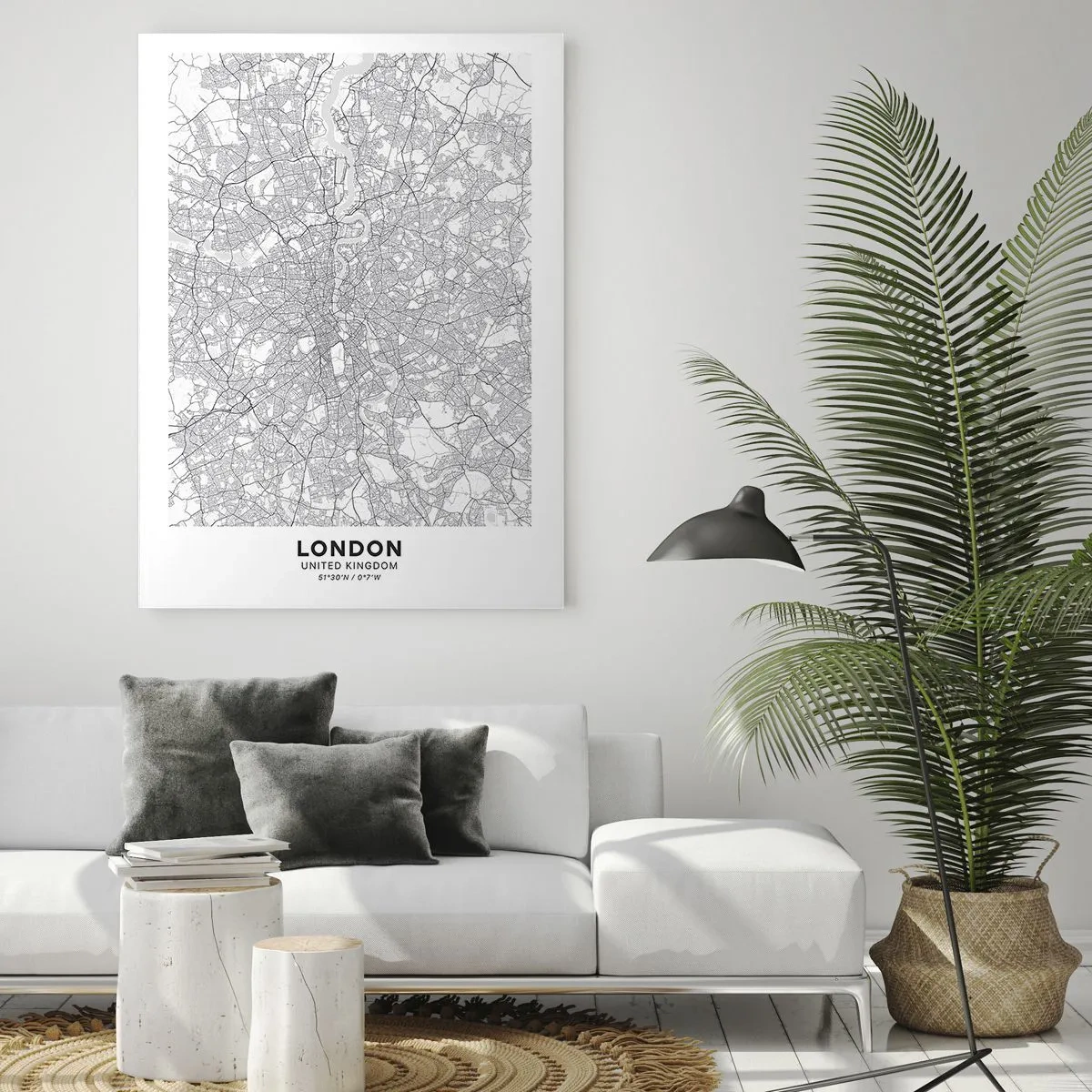 Obraz na szkle - Czarno-biała mapa z gęstą siatką ulic w stylu minimalistycznym - 50x70cm - Mapa londyńskiego labiryntu - Nowoczesna dekoracja ścienna do salonu, kuchni i sypialni ARTTOR
