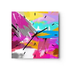 Zegar ścienny - Dynamiczna abstrakcja w intensywnych kolorach - 30x30cm - Maz, maz, maz jeszcze raz - Nowoczesna dekoracja ścienna do salonu i sypialni ARTTOR