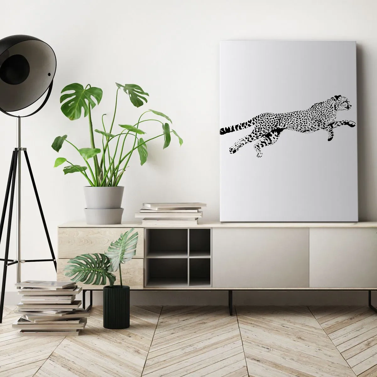 Obraz na płótnie - Minimalistyczna grafika geparda w ruchu - 80x120cm - Najszybszy na Ziemi - Nowoczesna dekoracja ścienna do salonu i sypialni ARTTOR