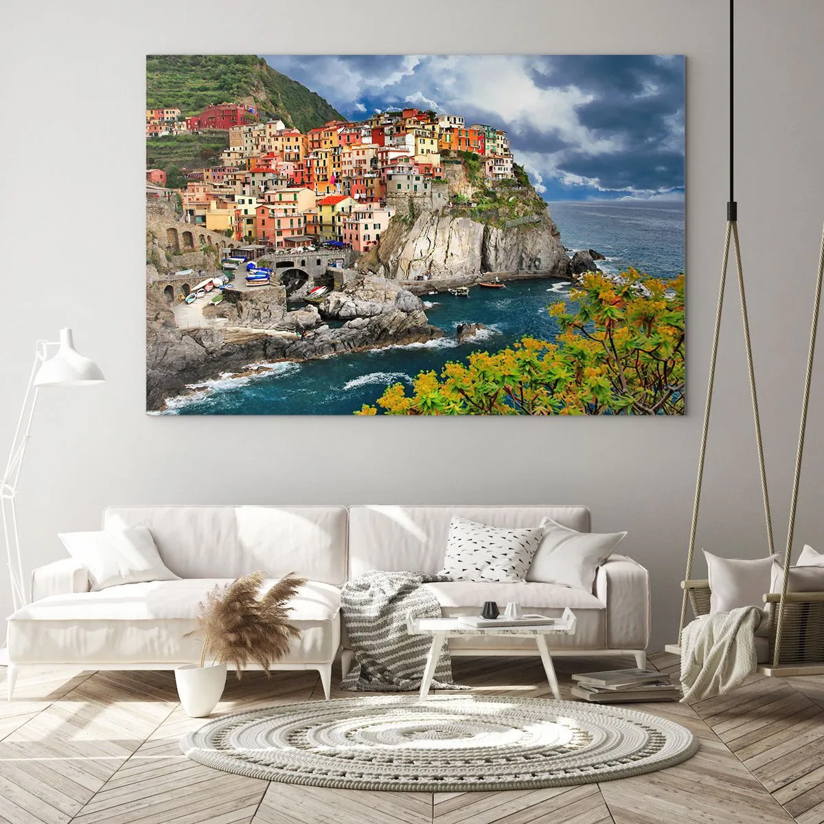 Obraz na szkle - Kolorowe miasteczko na klifie nad morzem - 100x70cm - Gromadka przytulona do skał - Nowoczesna dekoracja ścienna do salonu, kuchni i sypialni ARTTOR