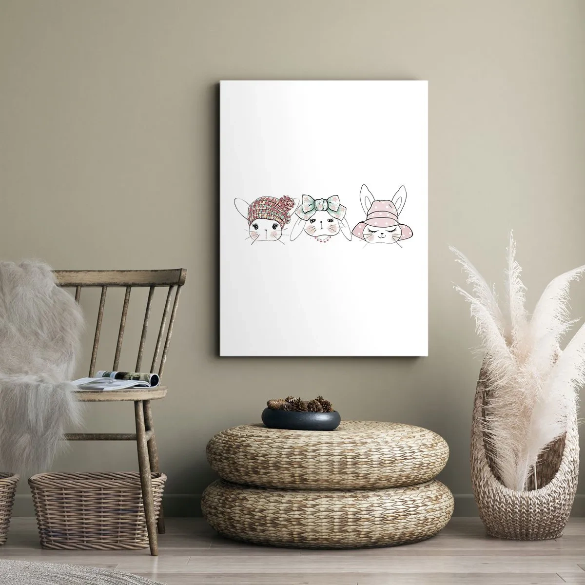 Obraz na płótnie - Urocze króliczki w pastelowych nakryciach głowy - 70x100cm - Zamyślona, smutna, zadowolona - Nowoczesna dekoracja ścienna do salonu i sypialni ARTTOR