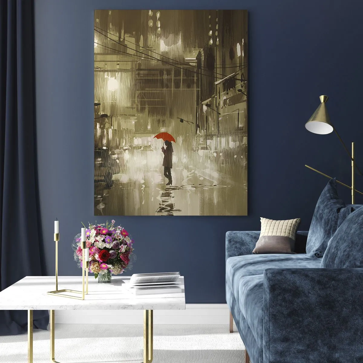 Obraz na szkle - Osoba z czerwonym parasolem w deszczowym świetle miasta nocą - 50x70cm - Sama, ale nie samotna - Nowoczesna dekoracja ścienna do salonu, kuchni i sypialni ARTTOR