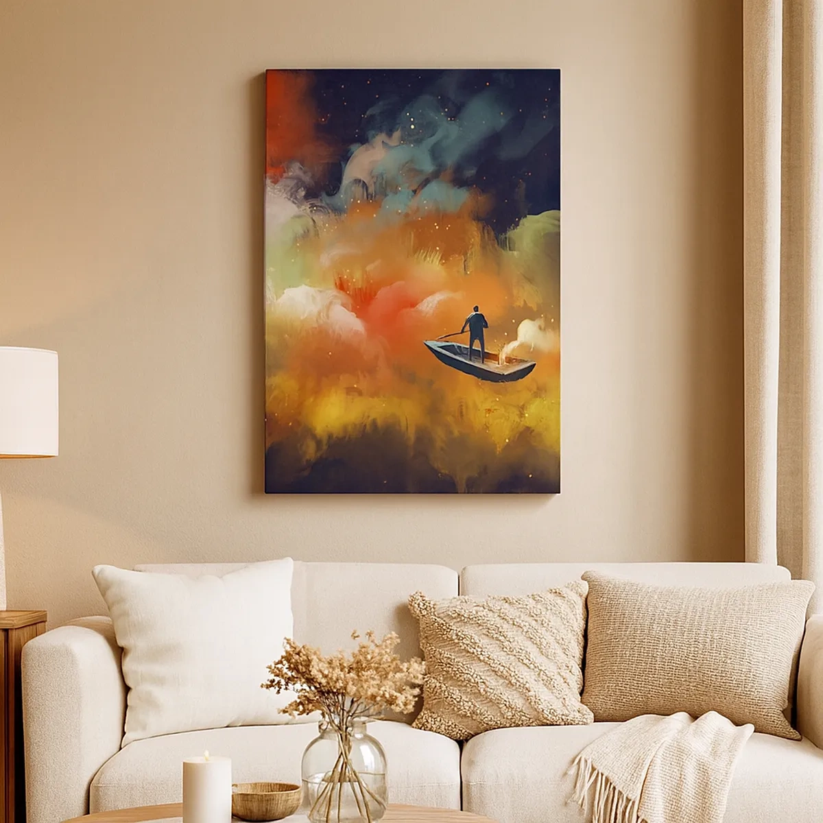 Obraz na płótnie - Człowiek na łódce dryfujący wśród kolorowych chmur w surrealistycznym stylu - 50x70cm - Łodzią przez galaktykę - Nowoczesna dekoracja ścienna do salonu, kuchni i sypialni ARTTOR