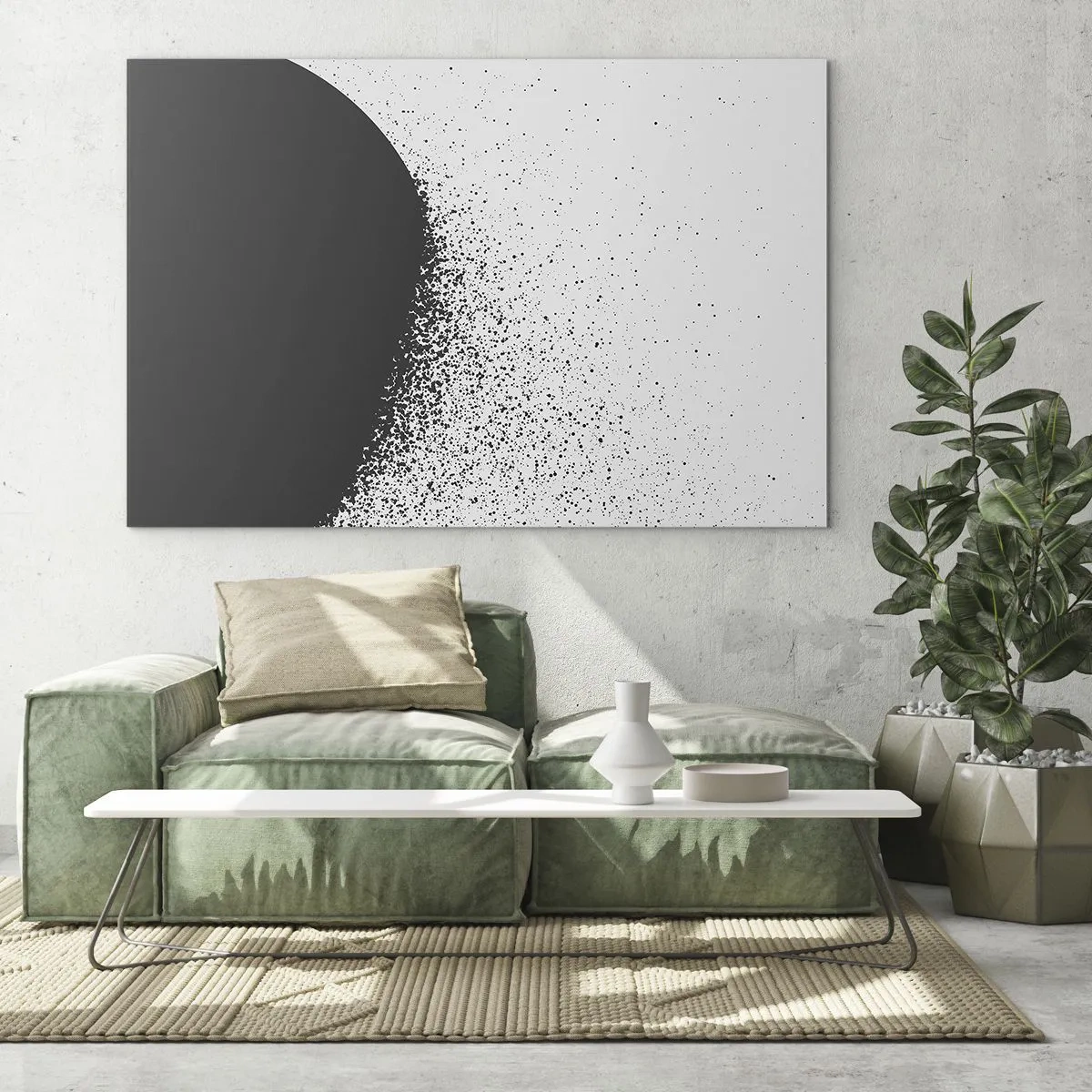 Obraz na szkle - Abstrakcja czarnej masy rozpadającej się na białym tle - 70x50cm - Ruch cząsteczek - Nowoczesna dekoracja ścienna do salonu i sypialni ARTTOR
