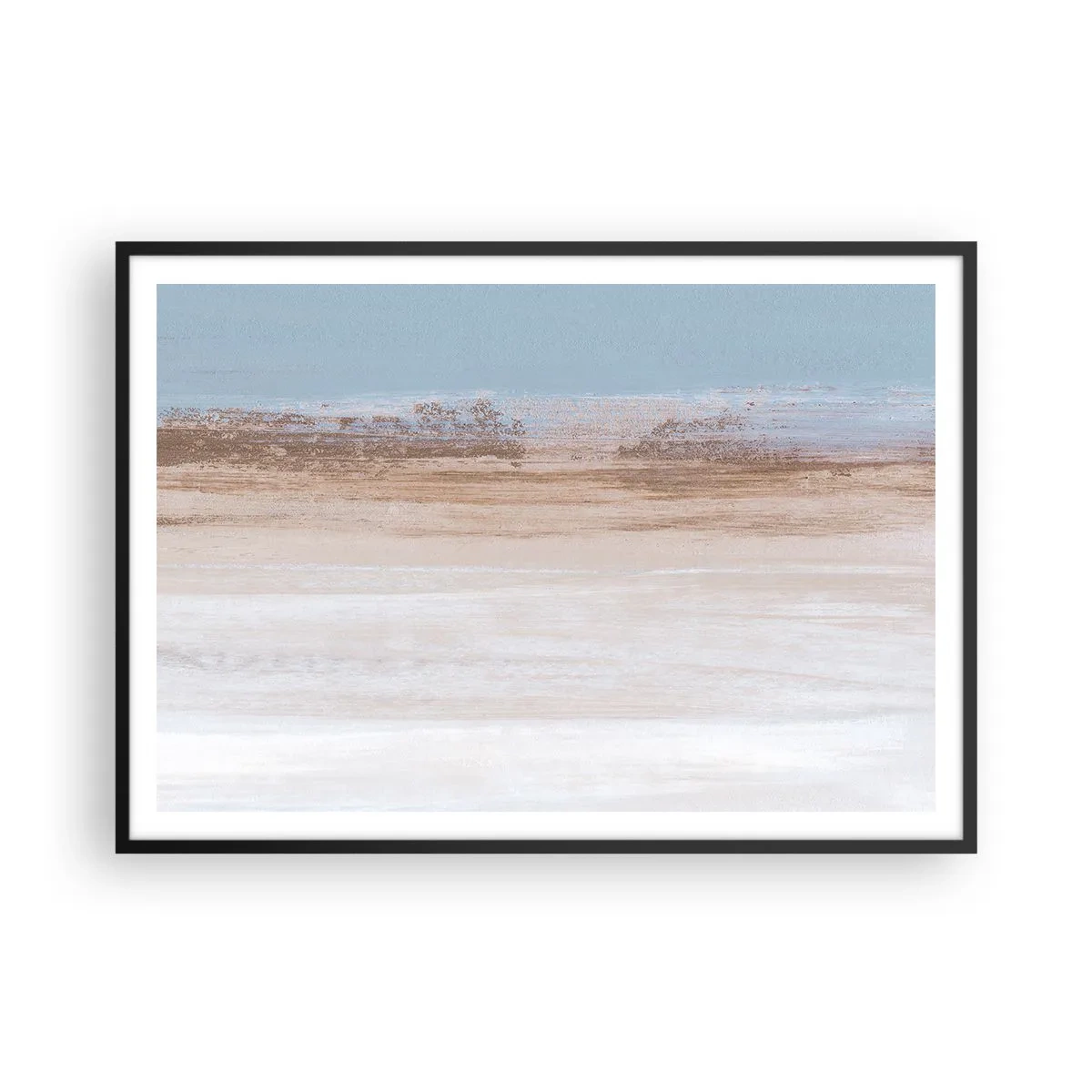 Plakat w czarnej ramie - Subtelny pejzaż w pastelowych odcieniach błękitu i beżu - 100x70cm - Niejednoznaczny pejzaż - Nowoczesna dekoracja ścienna do salonu i sypialni ARTTOR