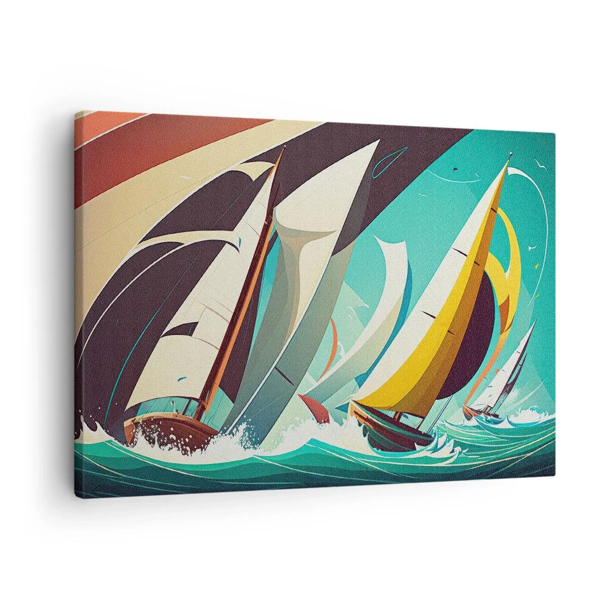 Obraz na płótnie - Dynamiczna ilustracja żaglówek na wzburzonym morzu - 70x50cm - Z żywiołami za pan brat - Nowoczesna dekoracja ścienna do salonu i sypialni ARTTOR