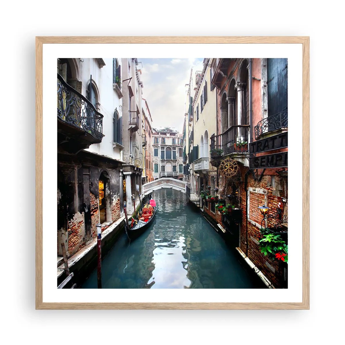 Plakat w ramie jasny dąb - Pejzaż wenecki z gondolą i mostkiem - 60x60 cm