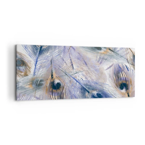 Obraz na płótnie - Wzór z piórami pawia w odcieniach błękitu i złota - 120x50cm - Pawiooka kompozycja - Nowoczesna dekoracja ścienna do salonu i sypialni ARTTOR