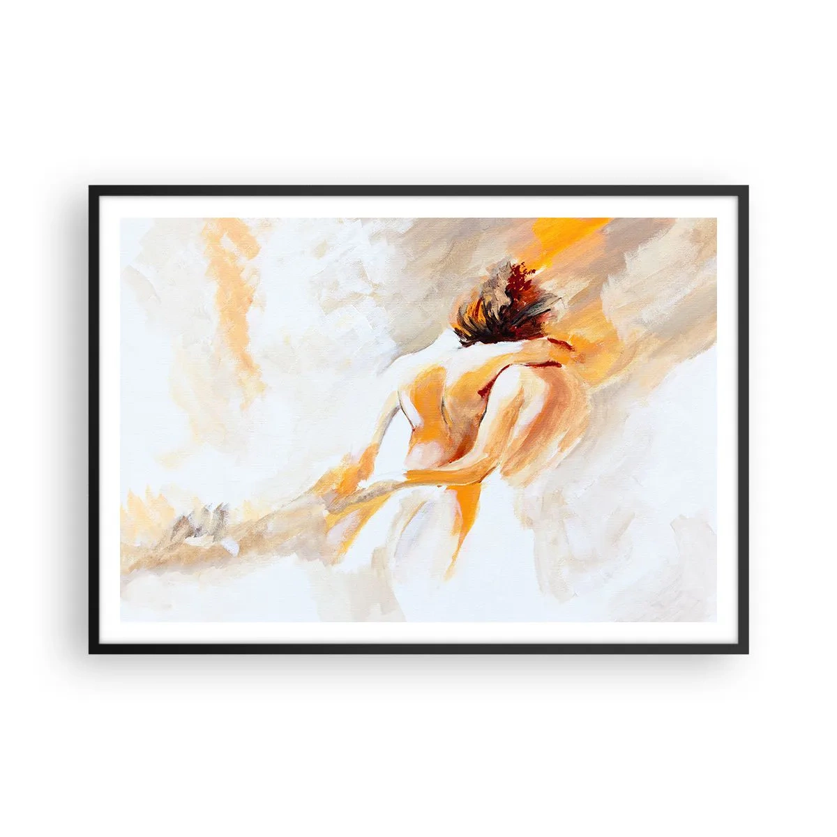 Plakat w czarnej ramie - Abstrakcyjna scena romantycznego uścisku - 100x70cm - W niebie bliskości - Nowoczesna dekoracja ścienna do salonu i sypialni ARTTOR