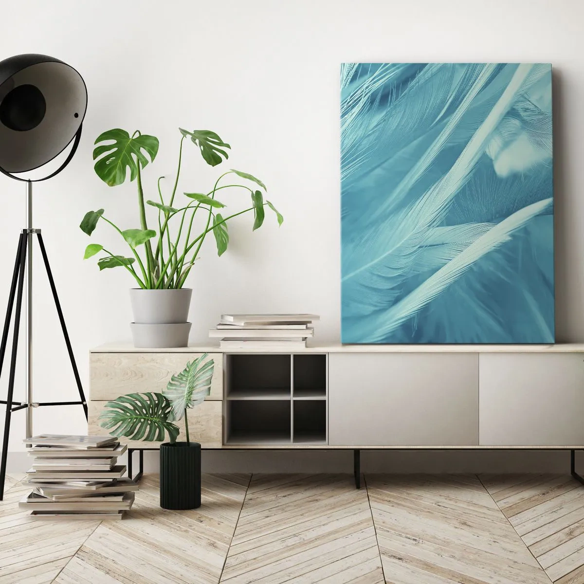 Obraz na płótnie - Delikatne turkusowe pióra w zbliżeniu - 70x100cm - Utonąć w puchu - Nowoczesna dekoracja ścienna do salonu i sypialni ARTTOR