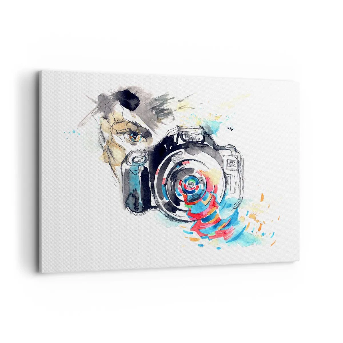 Obraz na płótnie - Akwarela aparatu fotograficznego z kolorowymi detalami - 100x70cm - W oku obiektywu - Nowoczesna dekoracja ścienna do salonu, kuchni i sypialni ARTTOR