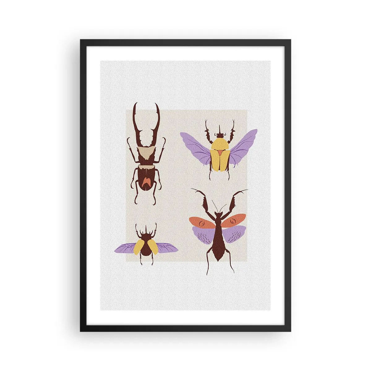 Plakat w czarnej ramie - Kolorowe chrząszcze na jasnym tle - 50x70cm - Owadzi świat - Nowoczesna dekoracja ścienna do salonu i sypialni ARTTOR