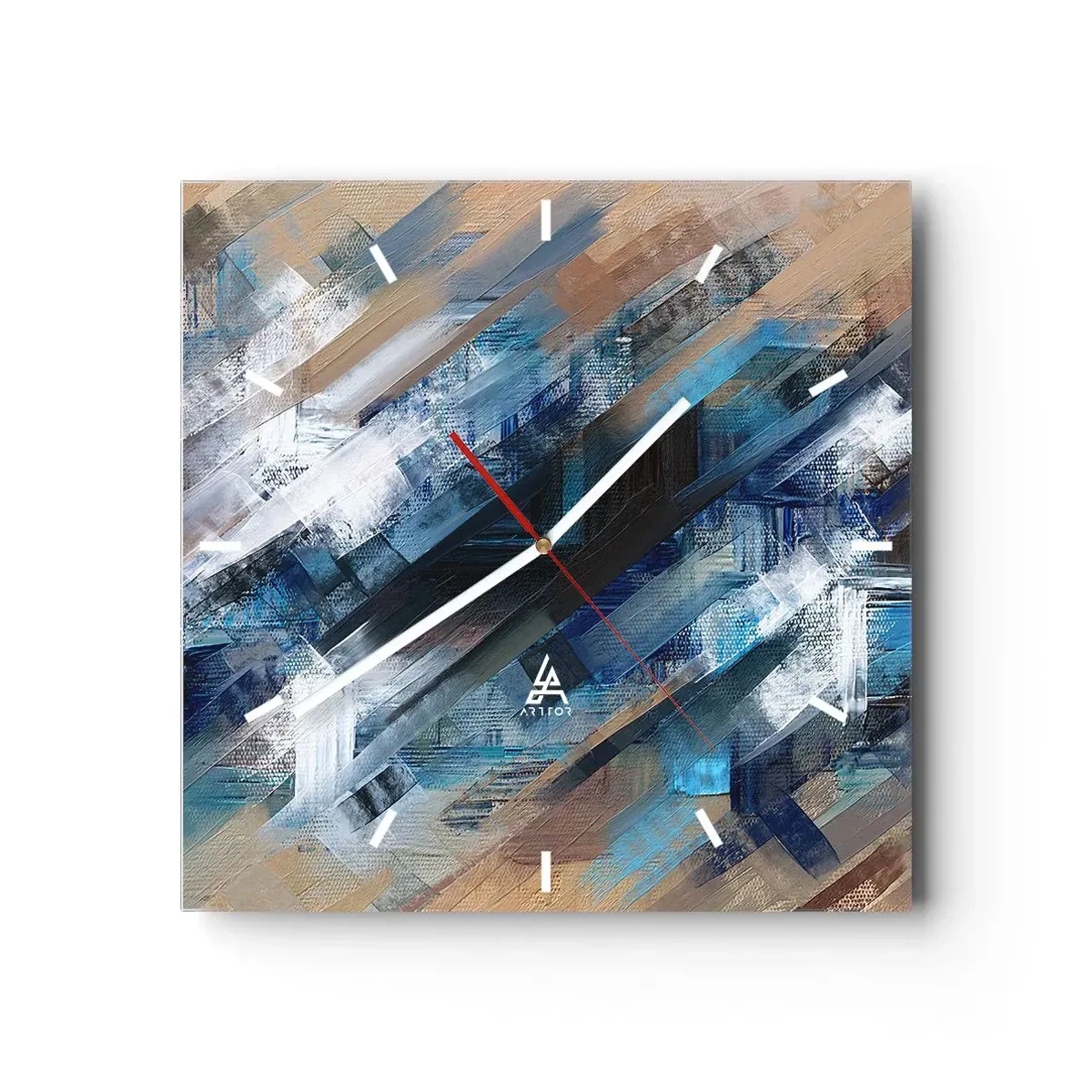 Zegar ścienny - Abstrakcyjna kompozycja z błękitnymi ukośnymi liniami - 30x30cm - Po błękitnym skosie - Nowoczesna dekoracja ścienna do salonu i sypialni ARTTOR