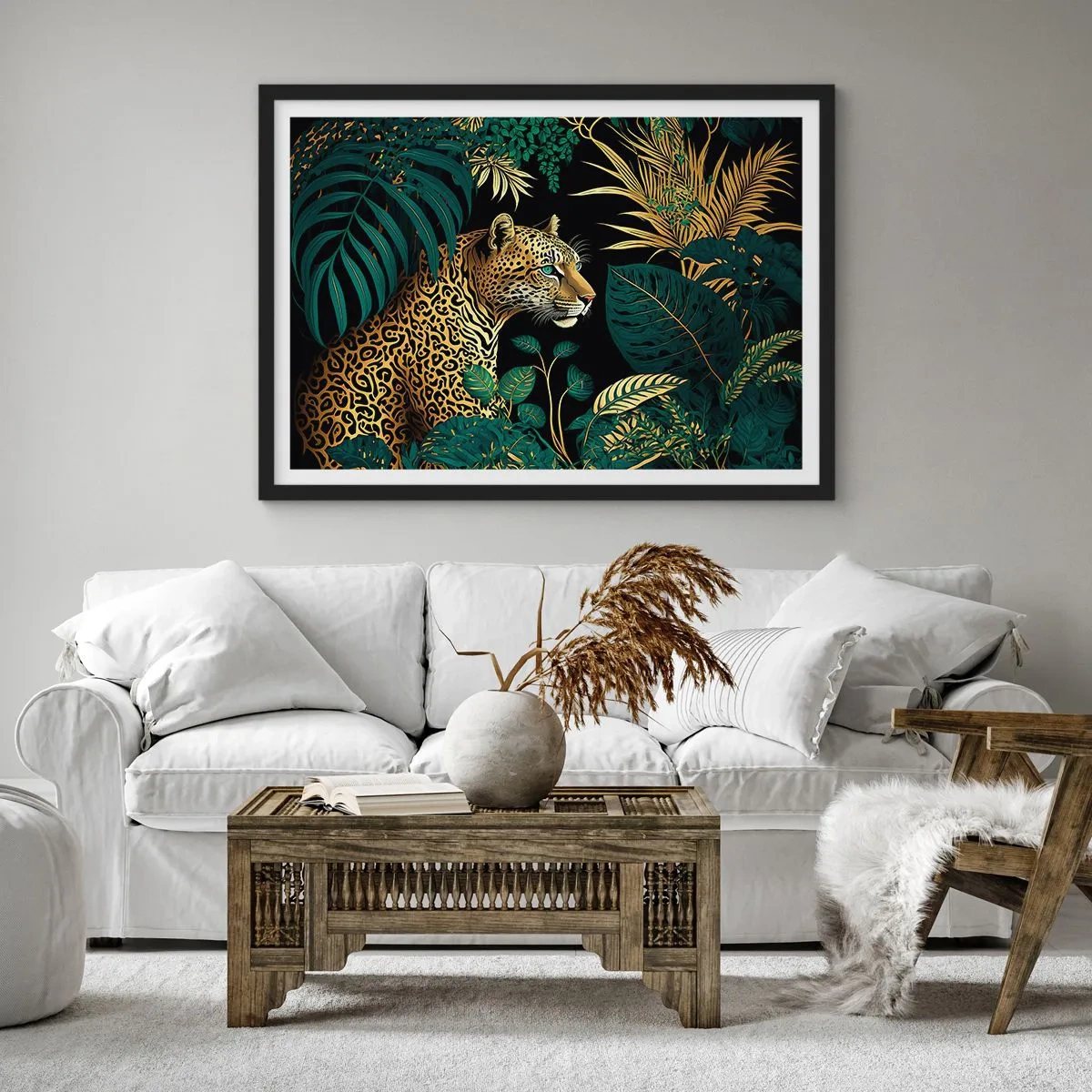 Plakat w czarnej ramie - Leopard w tropikalnych liściach na czarnym tle - 100x70cm - Gospodarz w dżungli - Nowoczesna dekoracja ścienna do salonu i sypialni ARTTOR