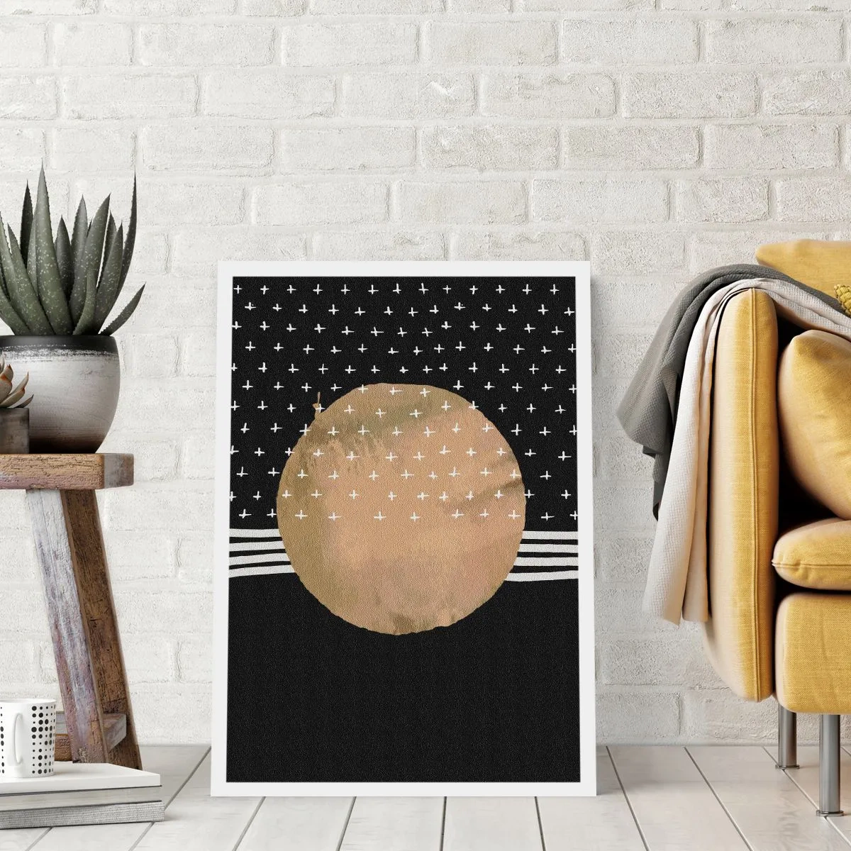 Plakat - Abstrakcyjna złota kula na czarnym tle z wzorami - 50x70cm - Kompozycja: flaga galaktyki - Nowoczesna dekoracja ścienna do salonu, kuchni i sypialni ARTTOR