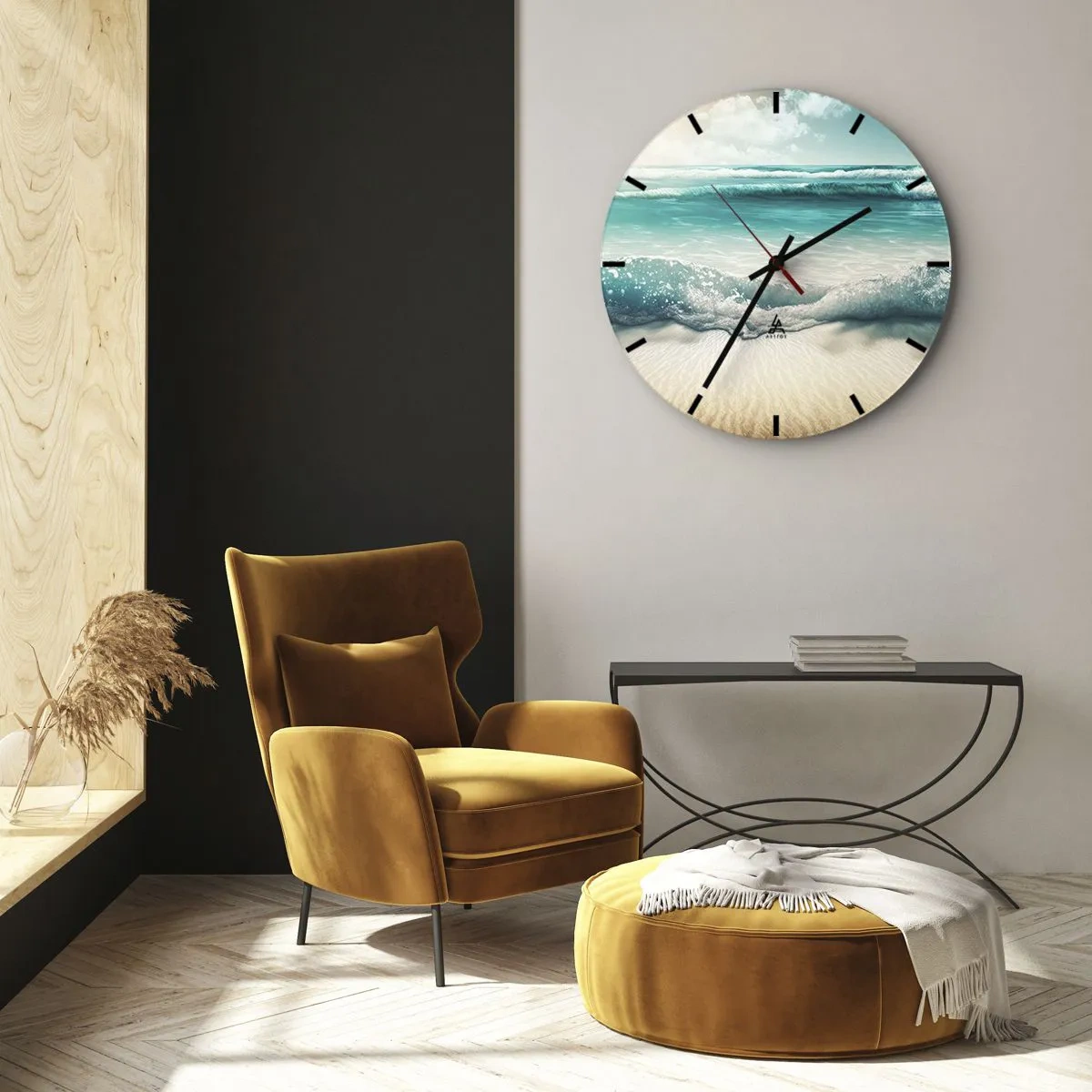 Zegar ścienny - Turkusowe fale rozbijające się o piaszczystą plażę - 30x30cm - Spokój oceanu - Nowoczesna dekoracja ścienna do salonu, kuchni i sypialni ARTTOR