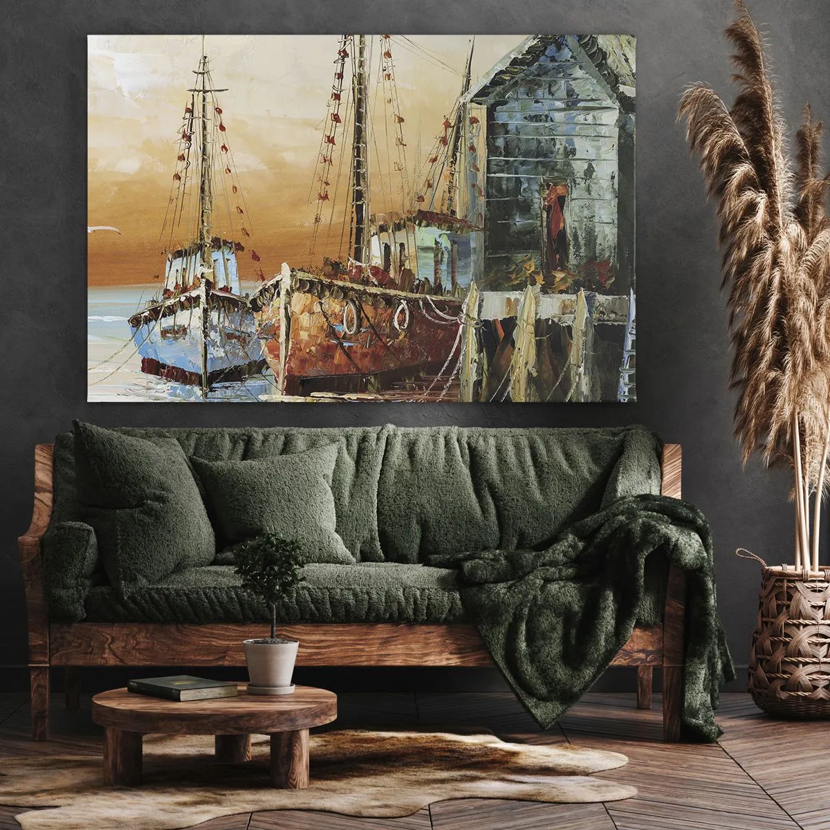 Obraz na płótnie - Łodzie przy brzegu w ciepłym świetle zachodu słońca - 70x50cm - Spokojny powrót - Nowoczesna dekoracja ścienna do salonu i sypialni ARTTOR