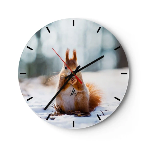 Zegar ścienny - Wiewiórka na śniegu w zimowym krajobrazie - 30x30cm - I co tak patrzysz? - Nowoczesna dekoracja ścienna do salonu, kuchni i sypialni ARTTOR