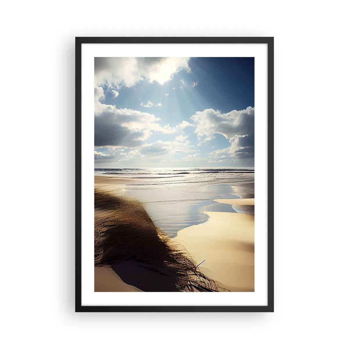 Plakat w czarnej ramie - Plaża o zachodzie słońca z falami i chmurami - 50x70cm - Plaża, dzika plaża - Nowoczesna dekoracja ścienna do salonu i sypialni ARTTOR