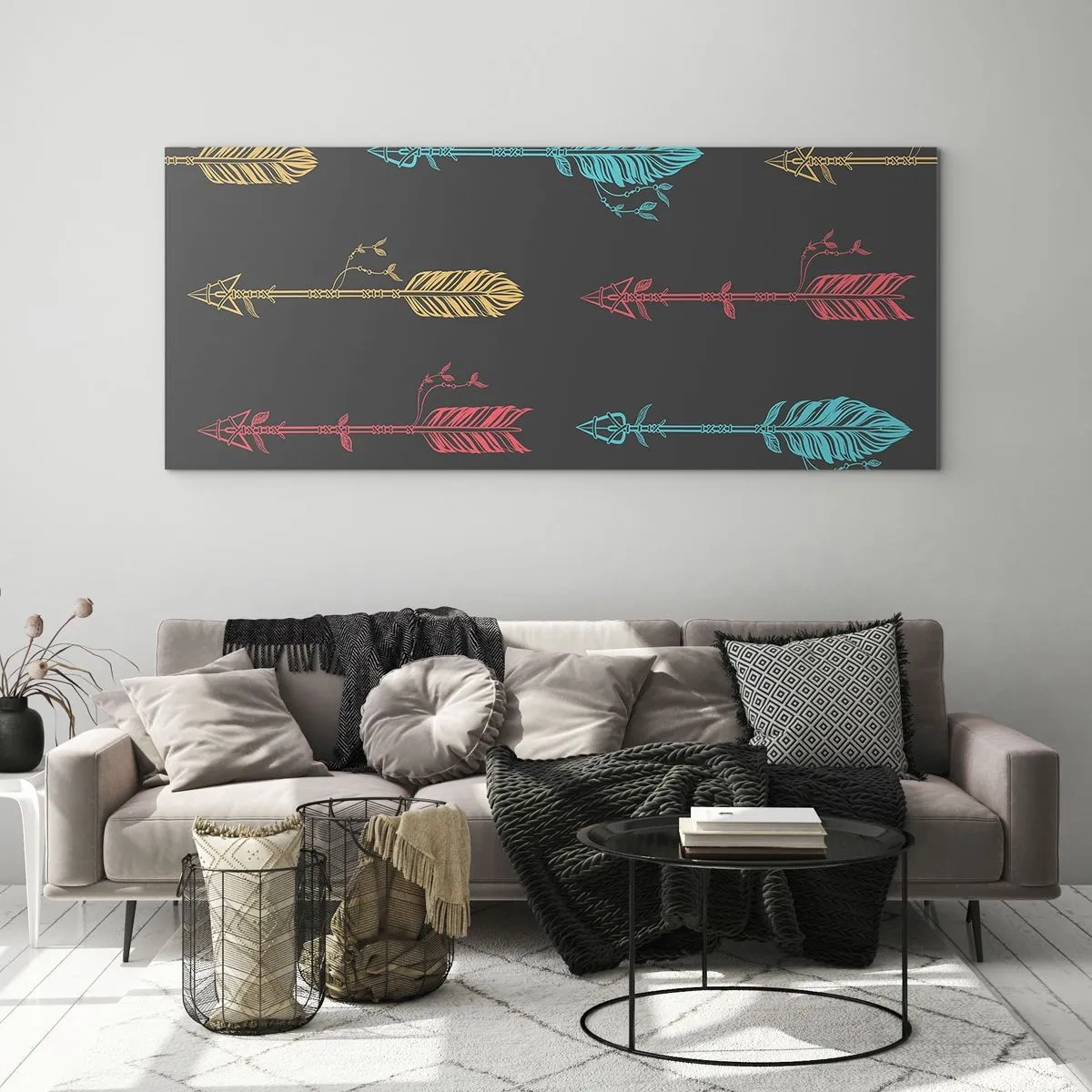Obraz na szkle - Stylizowany wzór strzał w pastelowych kolorach na ciemnym tle - 160x50cm - W ordynku - Nowoczesna dekoracja ścienna do salonu i sypialni ARTTOR