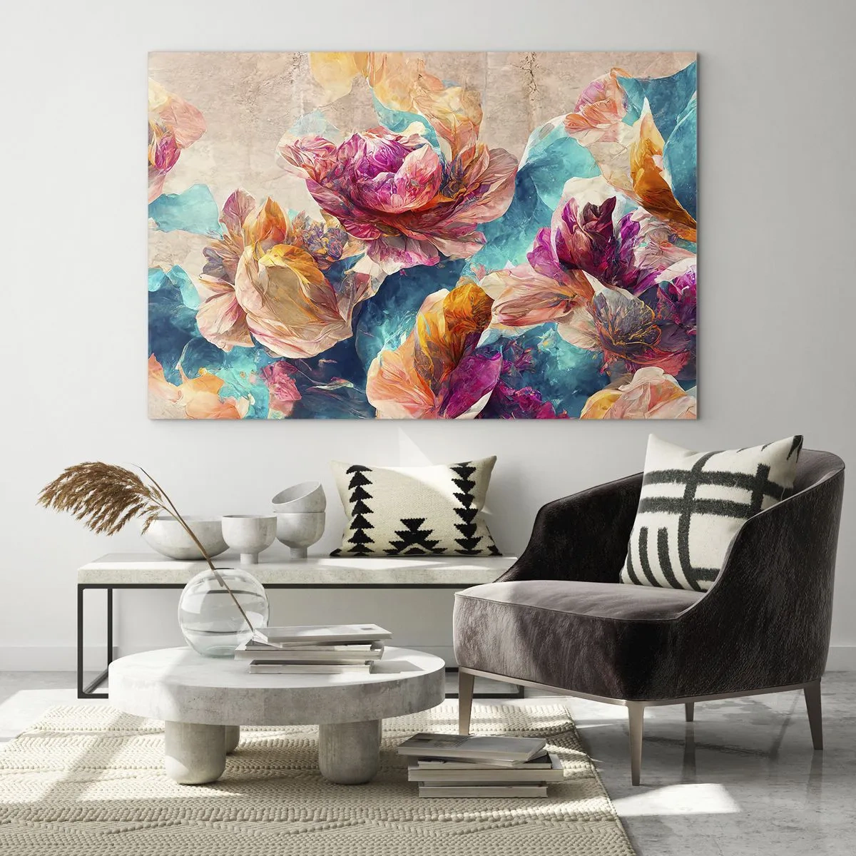 Obraz na szkle - Kolorowe kwiaty na tle akwarelowej kompozycji - 70x50cm - Barwny przepych bukietu - Nowoczesna dekoracja ścienna do salonu i sypialni ARTTOR