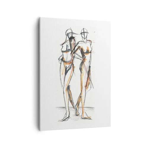 Obraz na płótnie - Minimalistyczny szkic dwóch sylwetek kobiecych w delikatnych odcieniach czerni i pomarańczu - 50x70cm - Studium wdzięku - Nowoczesna dekoracja ścienna do salonu, kuchni i sypialni ARTTOR