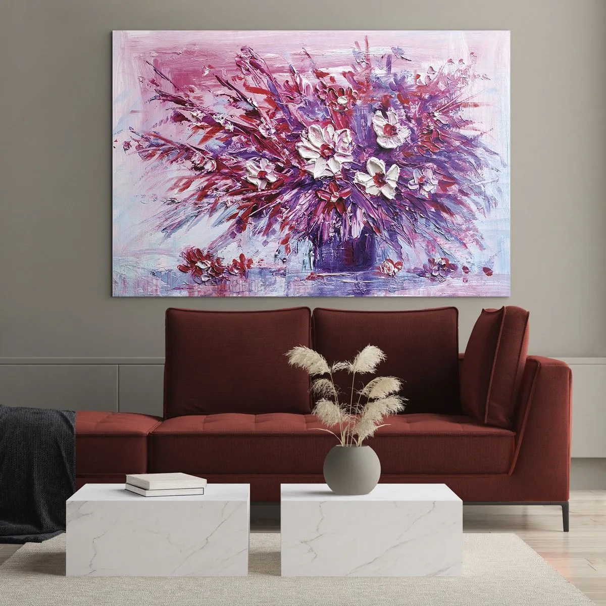 Obraz na szkle - Bukiet kwiatów w odcieniach różu i fioletu - 70x50cm - Niewinność i namiętność - Nowoczesna dekoracja ścienna do salonu i sypialni ARTTOR