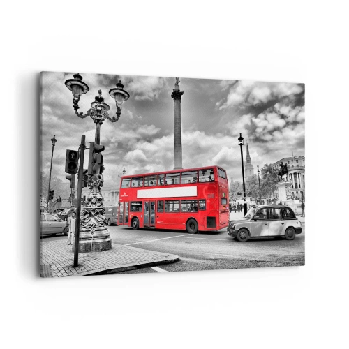 Obraz na płótnie - Czerwony piętrowy autobus na tle czarno-białego miasta - 120x80cm - Prawdziwy krwioobieg miasta - Nowoczesna dekoracja ścienna do salonu, kuchni i sypialni ARTTOR