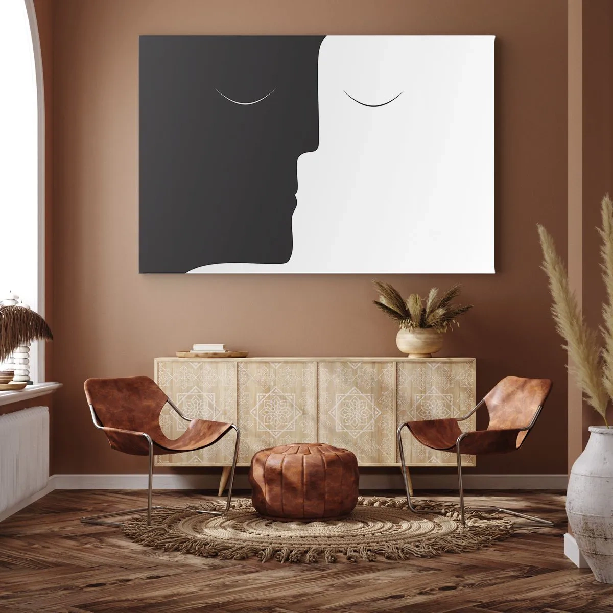 Obraz na płótnie - Minimalistyczna sylwetka dwóch twarzy w kontrastowych kolorach - 70x50cm - Jedność przeciwieństw - Nowoczesna dekoracja ścienna do salonu i sypialni ARTTOR