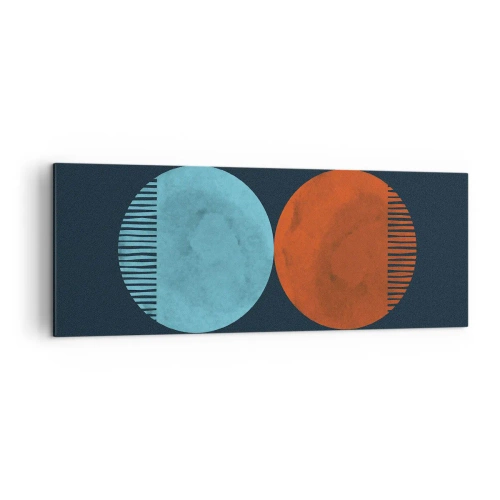 Obraz na płótnie - Minimalistyczne dwa koła w kolorach niebieskim i pomarańczowym - 140x50cm - Tylko geometria? - Nowoczesna dekoracja ścienna do salonu i sypialni ARTTOR